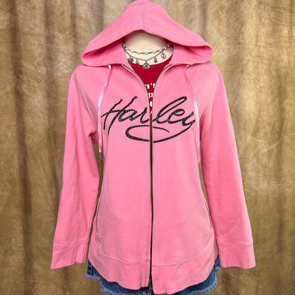 Harley Davidson Rhinestone Hoodie Pink Zip Up Jacket Y2K McBling Indie Biker